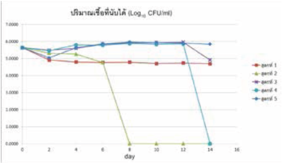 ปริมาณเชื้อ T. harzianum TISTR 3553 ในวัสดุรองรับสูตรต่าง ๆ เมื่อบ่มเป็นระยะเวลา 14 วัน